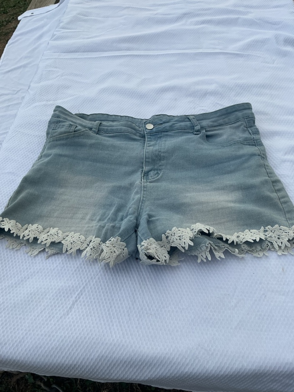 Washed Light Blue Denim Shorts with Lace Trim
